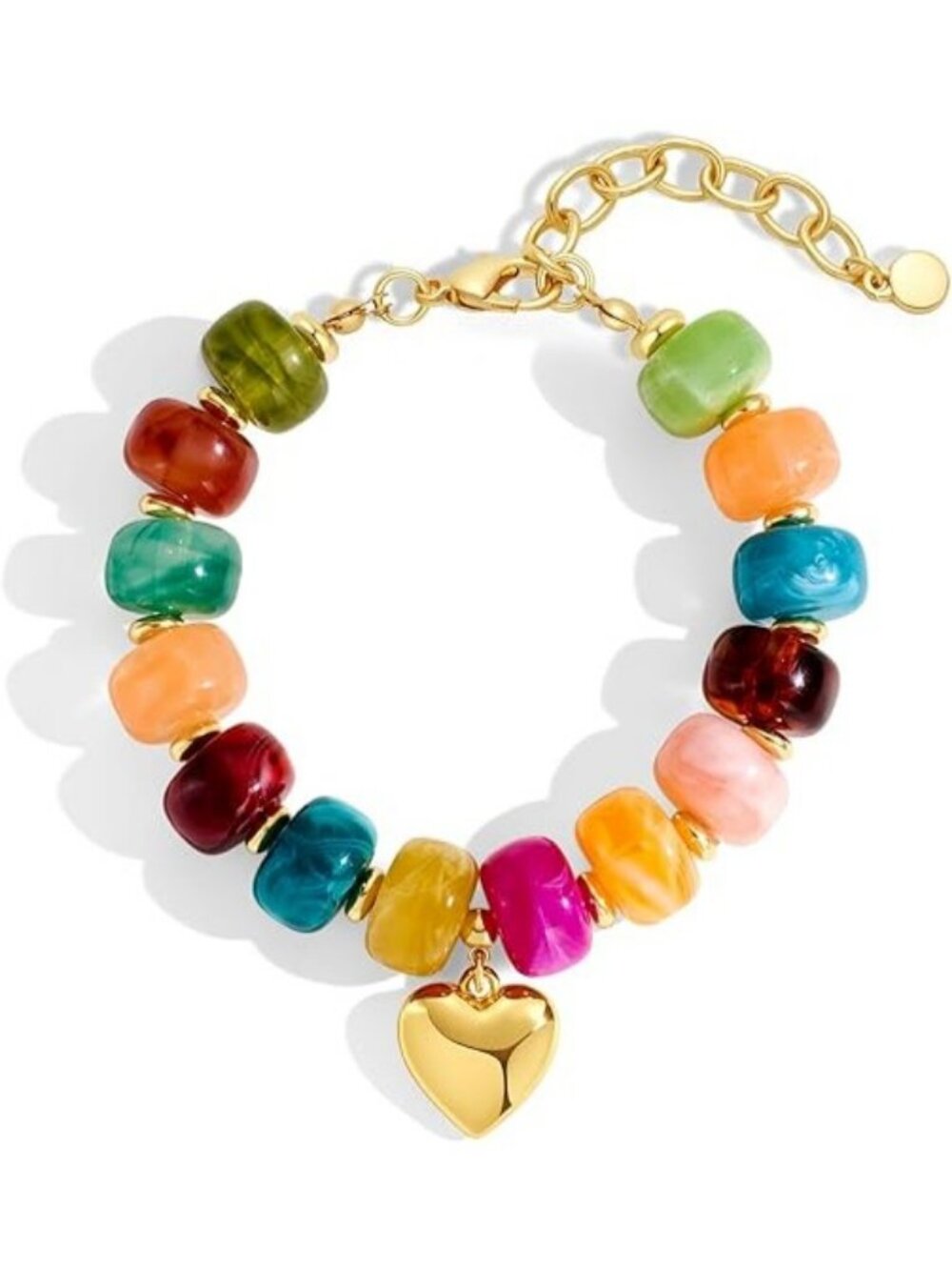 Colorful Chunky Beaded Bracelet Boho Gold Heart Charm Adjustable